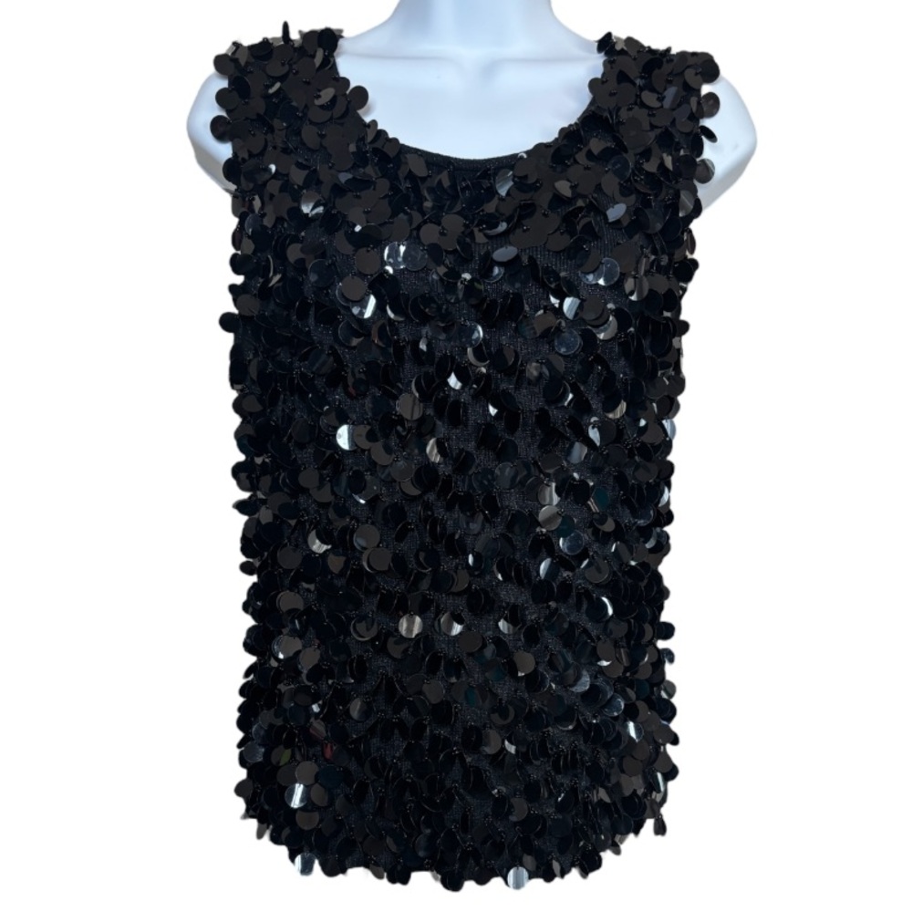 Vintage Sequin Top Vintage 90s Sleeveless Knit Dressy Tank Top Black Size Medium